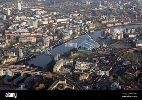 aerial view of the five Tyne bridges across the River Tyne and the ...