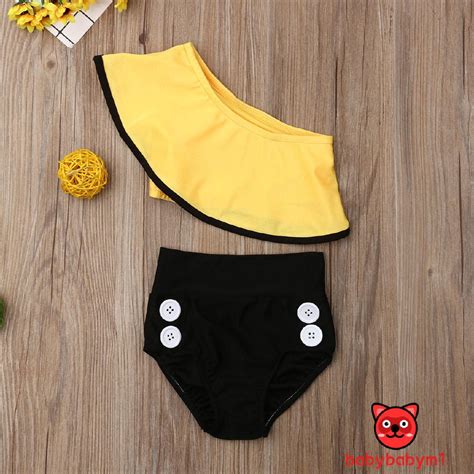 Bộ đồ bơi bikini 2 mảnh gồm áo hở 1 bên vai kèm quần ngắn kéo eo cao xinh xắn dành cho bé gái