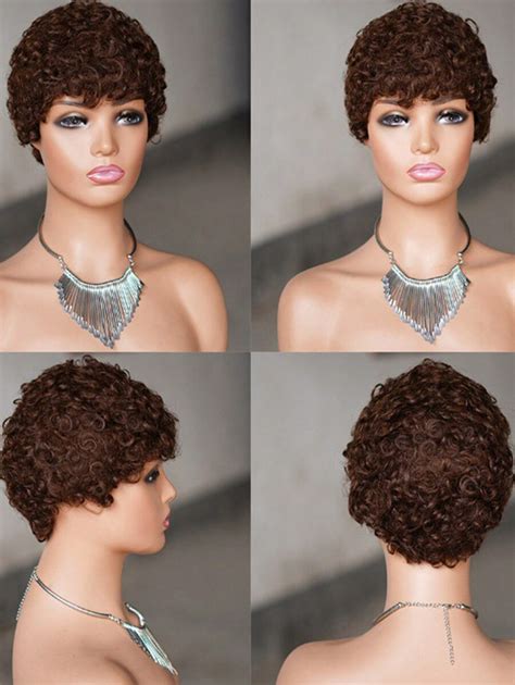 Peluca De Cabello Humano Rizado Afro Estilo Pixie De Color Casta O