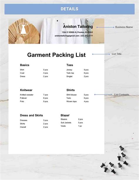 Garment Packing List Template Google Docs Word Apple Pages