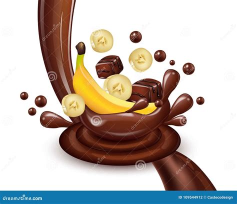 Banana Chocolate Splash Vector Realistic Illustration Product Template