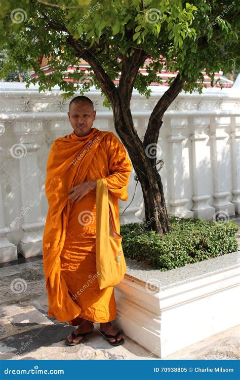 Monk In Orange Robes Beside Tree In Garden Editorial Image Image Of