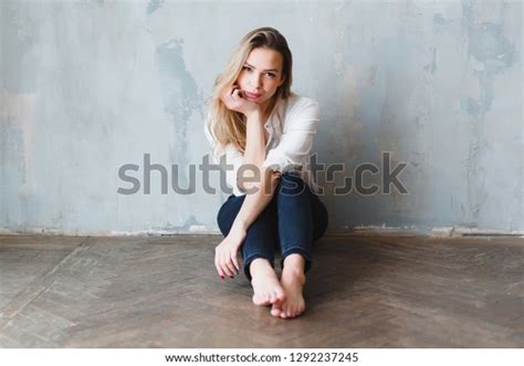 Model Blonde Barefoot Blue Jeans White Stock Photo Shutterstock