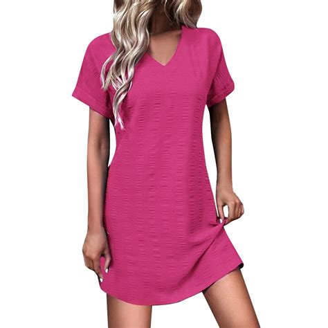 Yuhaotin Womens Casual Summer Dress V Neck Fashionable Cute Sexy Slim Solid Color Short Sleeve