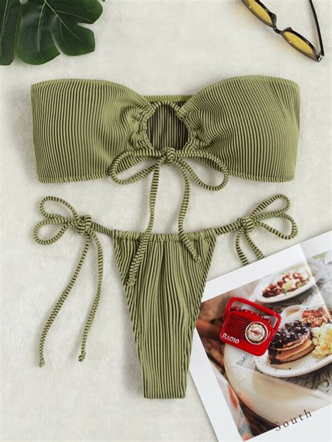 SHEIN Swim Basics Ribbed Bikini Set Tie Front Bandeau Bra Thong Piece Bathing Suit SHEIN UK