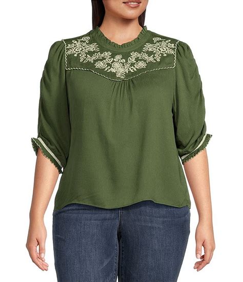 Democracy Plus Size Embroidered Yoke Woven Round Neck Elbow Sleeve