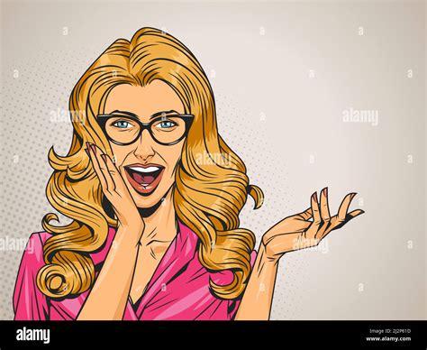 Pop Art Surprised Blonde Hair Woman In Pink Dress With Eyeglasses And Open Mouth On Gray