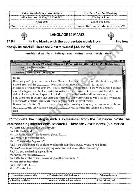 Mid Term Test Esl Worksheet By Narjeslagha