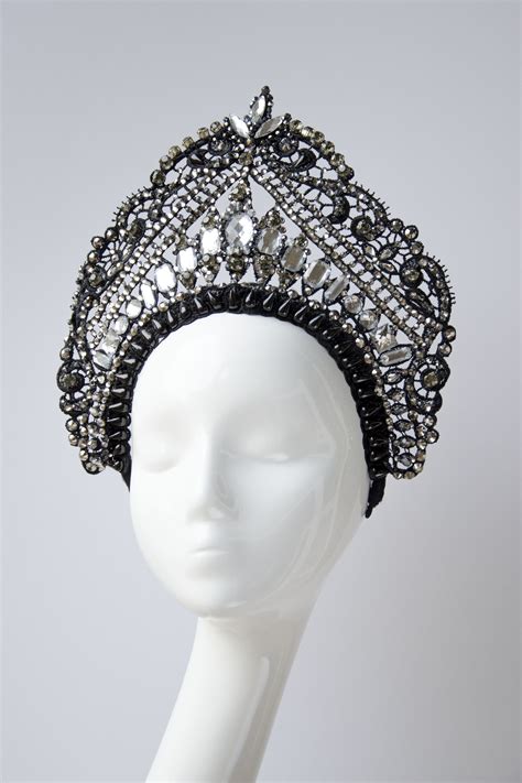 Black Russian Style Kokoshnik Headpiece With Crystals