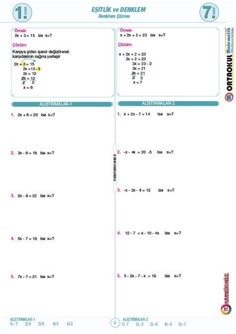 7 Sınıf Denklemler Çalışma Kağıdı İndir ortaokulmatematik gen tr