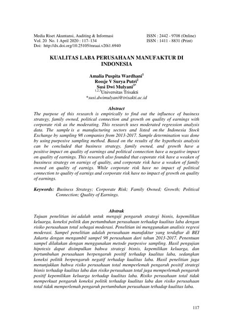 Pdf Kualitas Laba Perusahaan Manufaktur Di Indonesia