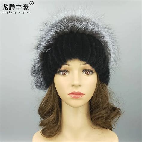 Winter Genuine Mink Fur Womens Cap Real Fox Fur Big Pompom Design Fashion Stripe Warm Hat