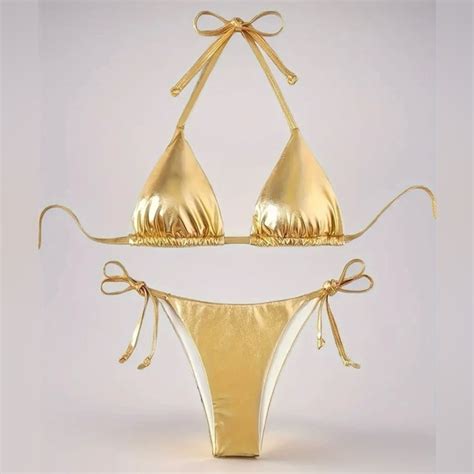 Pretty Woman Boutique Swim Gold Metallic Triangle Halter Side Tie Bikini Set Poshmark