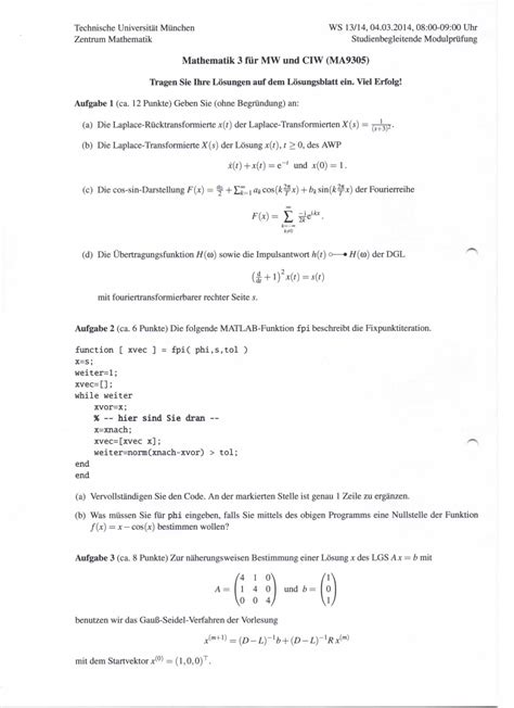 Klausur HM3 WS1314 Alle Höhere Mathematik 3 Studocu