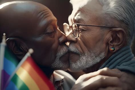 Pareja Gay Bes Ndose Frente A Una Bandera Del Arco Ris Ia Generativa Foto Premium