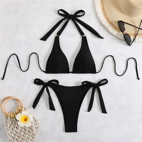 Generic New Bikini Solid Color Bikini Neck Lace Up Bikini Swimsuit