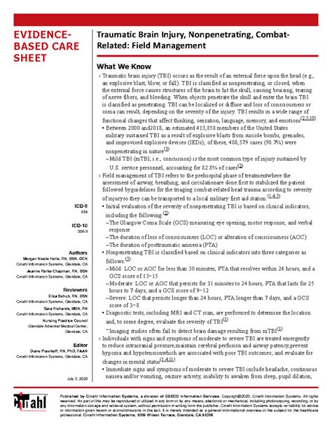 Traumatic Brain Injury Tbi Evidence Based Care Sheet Icd 854 Icd S06 Authors Morgan