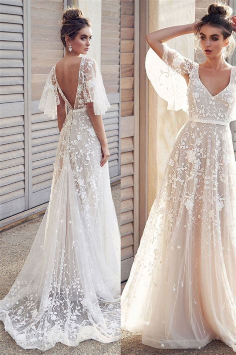 Ivory V Neck Beach Wedding Dresses With Lace Appliques Romantic