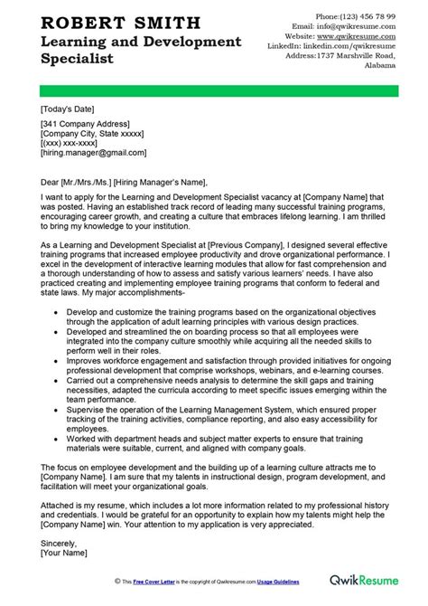 Learning And Development Specialist Cover Letter Examples QwikResume