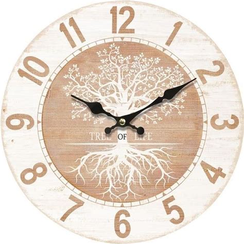 Horloge murale ronde en bois Arbre de vie blanc et brun décoration