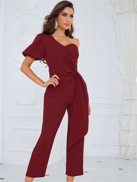 Burgund Jumpsuit One Shoulder Kurzarm Schärpe Polyester Sommer Playsuit