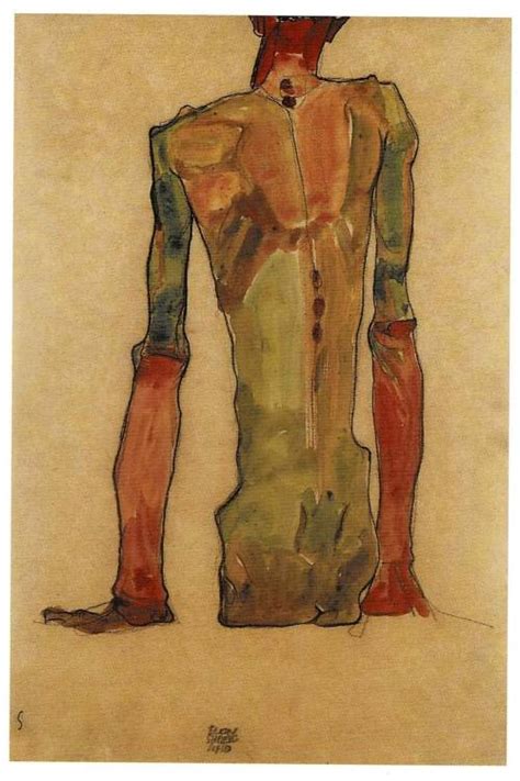 Egon Schiele Seated Male Nude Back View Watercolor And Black Crayon X Cm