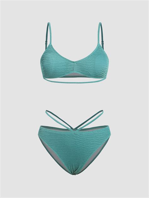 Solid Smocked Scoop Neck Bikini Swimsuit For Vacation Beach