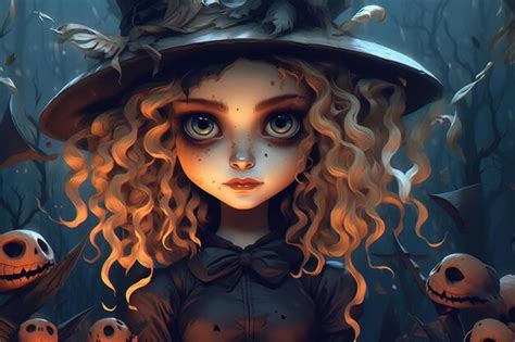 Premium AI Image Portrait Of Cute Blonde Witch In Hat With Skulls In Dark Forest Halloween