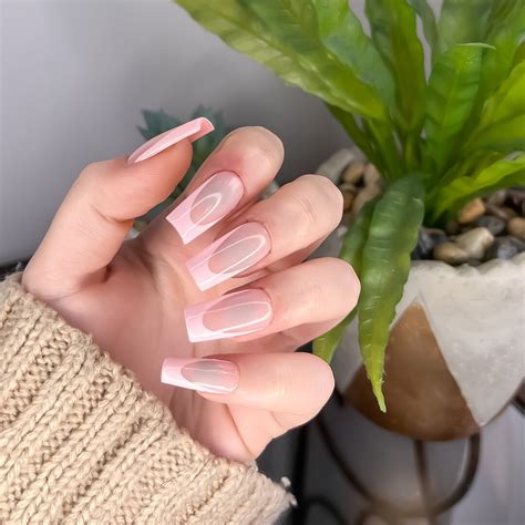 Baby Pink French Tips On Sheer Nude Base Press On Nails Classic French Tip Stick On Nail Kit