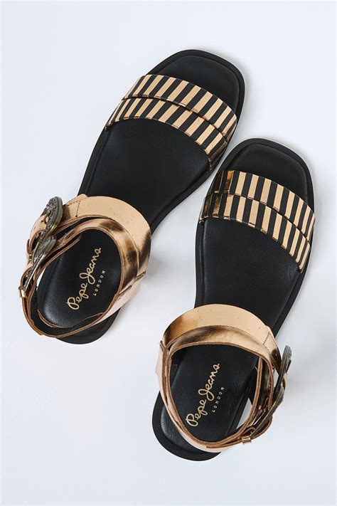 Pepe Jeans London, Сандали от кожа с ефект металик, Златист, Черен, 36 ...