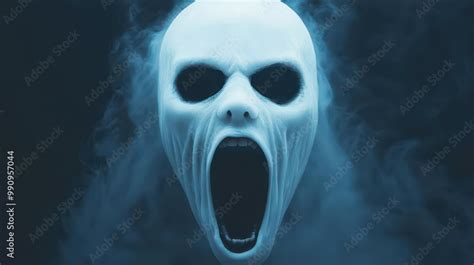 scary ghost face emerging  darkness wide gaping mouth glowing