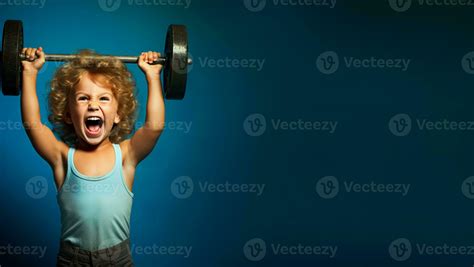 A child gritting teeth while lifting weights isolated on a gym gradient