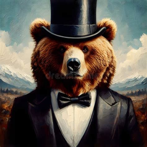 Grizzly Bear Wearing Tuxedo Suits And Black Top Hat In Oil Painting Art