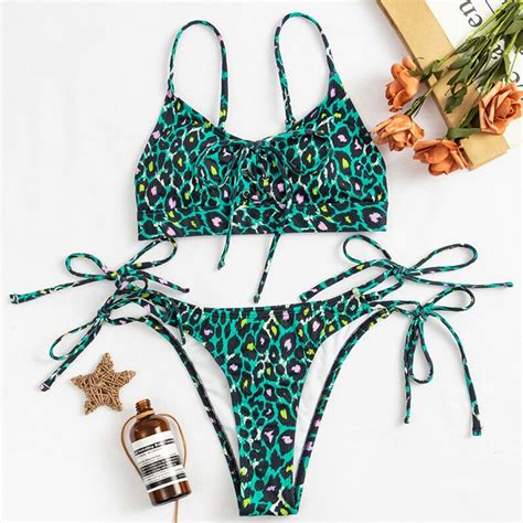 Green Mid Waist Leopard Pattern Double Size Tie Piece Bikini Set Swimwear Bikini Holiday