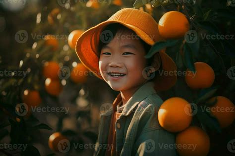 Ai Generated Chinese Kid Smiling Near Orange Tree With Cute Hat