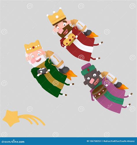 Three Magic Kings Flying On A Rocket 3d Stock Illustration