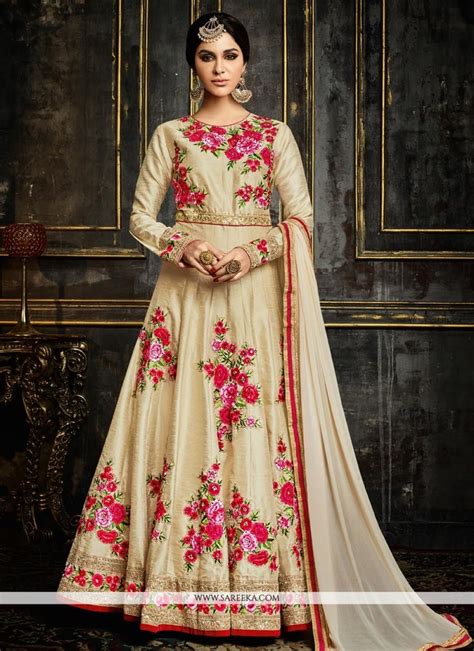 Buy Lace Work Beige Faux Georgette Anarkali Salwar Suit Online UK