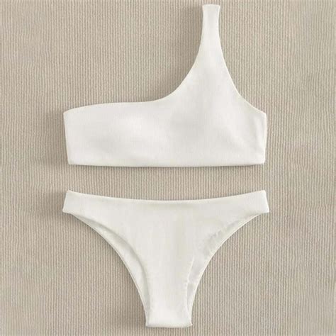 Jjayotai No Boundaries Women S Ribbed Bikini Sets One Shoulder Top With Mid Waist Thong Bikini