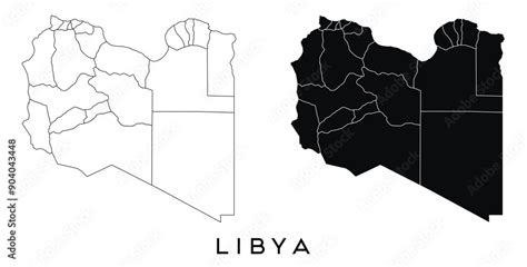 Libya Map Of Regions Districts Vector Black On White And Outline Stock
