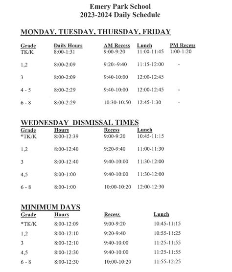 Bell Schedule For 2023 2024 Emery Park Elementary School