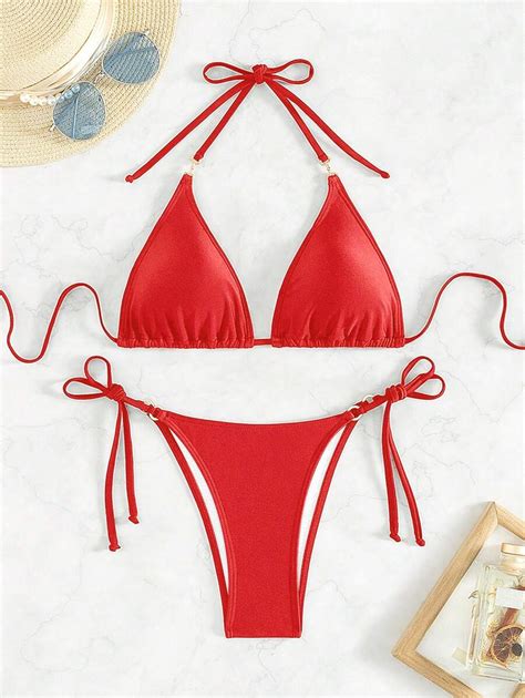 Bộ áo tắm bikini có dây buộc hình tam giác mùa hè dành cho nữ SHEIN