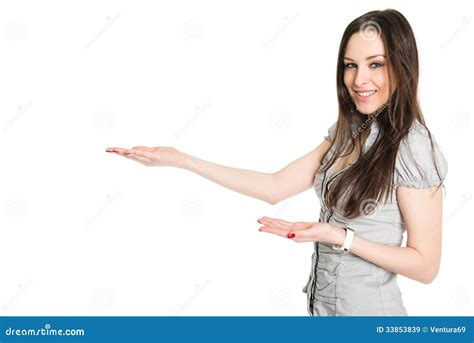 Attractive Brunette Presenting Product Stock Image Image Of Imaginary