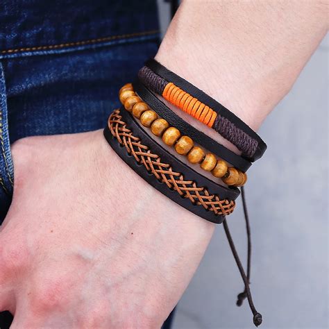 IF ME Trendy Multi Layer Leather Bracelets Men Vintage Adjustable Wood