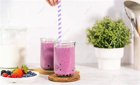 Mixed Berry Boba Smoothie Jar Tapioca Balls Boba Pearls Photo