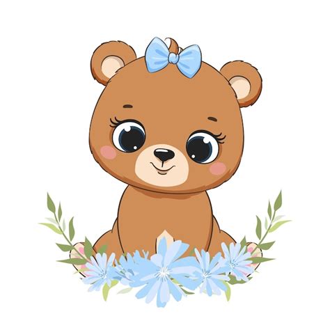 Premium Vector Cute Baby Girl Bear With Flowers And Bow Vector