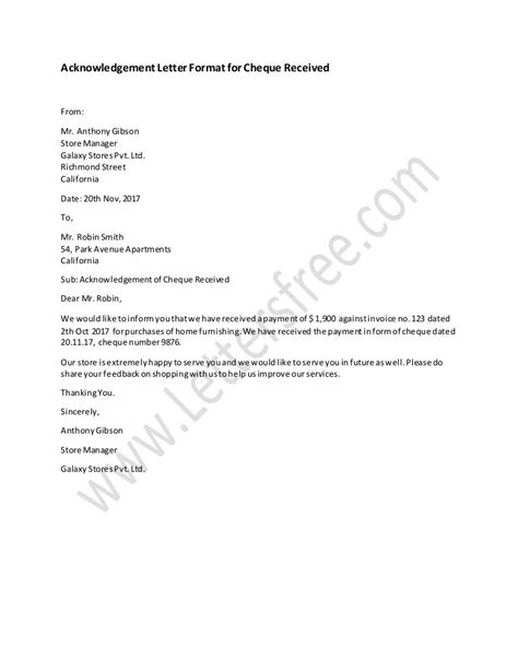 Sample Acknowledgement Letter For Cheque Received