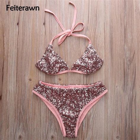 Feiterawn Push Up Piece Swimsuit Halter Sequin Bikini Set Women Sexy