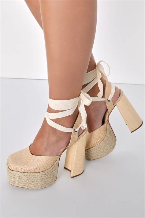 Schutz Nala Light Nude Lace Up Heels Woven Platform Heels Lulus
