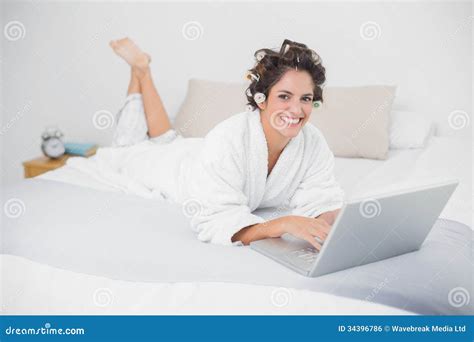 Smiling Natural Brunette Using Laptop Stock Photo Image Of Home