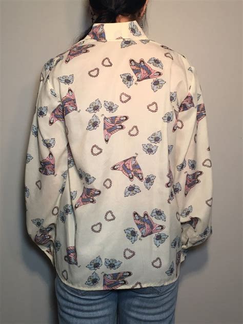 Vintage Butterfly Print Pussy Bow Blouse Gem